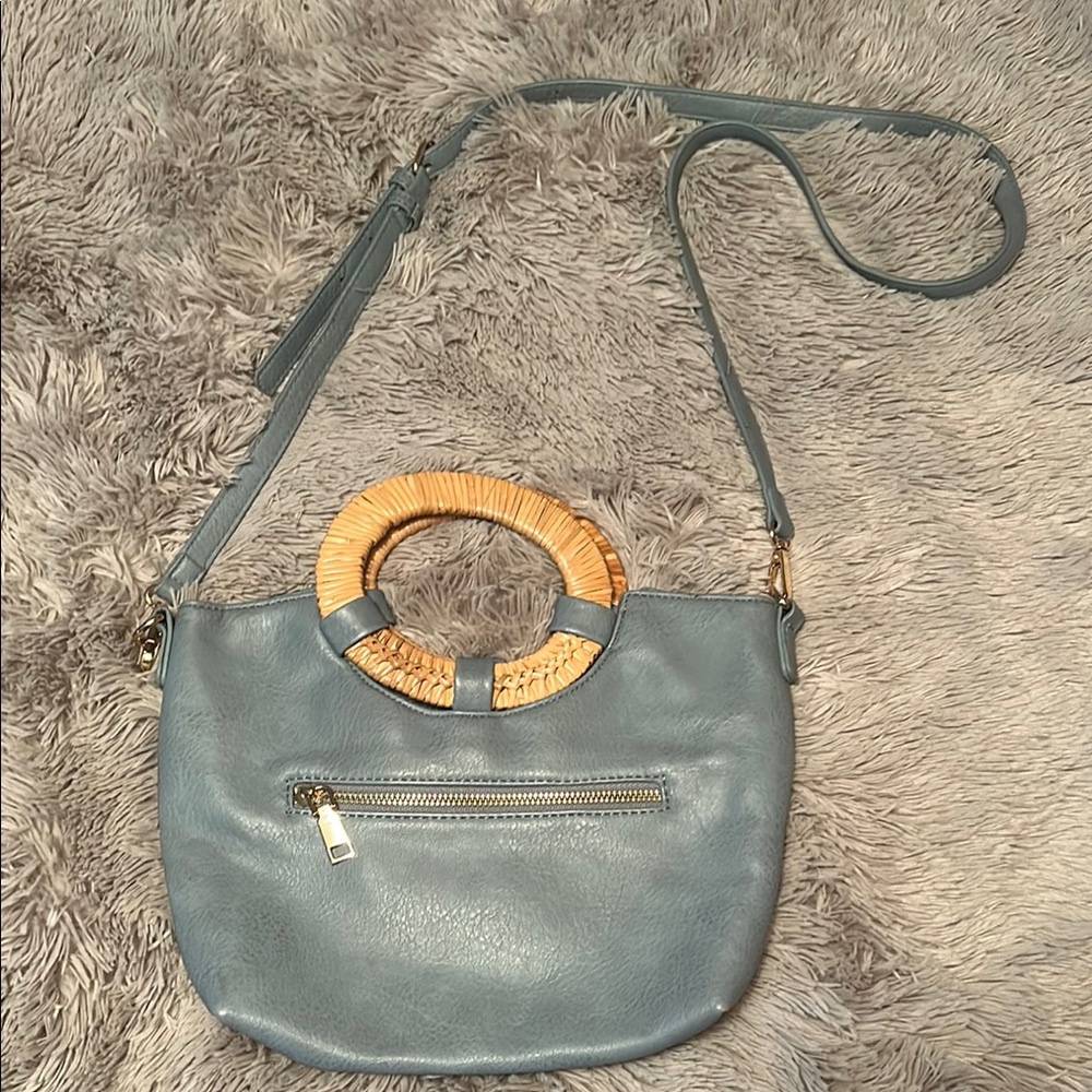 Blue and Tan Shoulder Bag with Wooden Handle